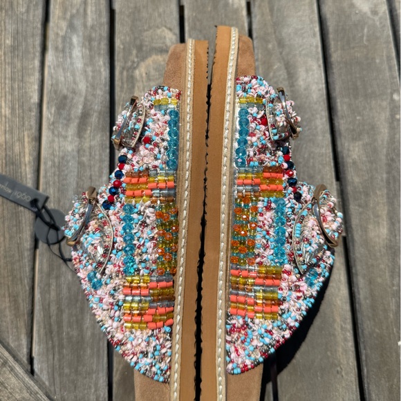 NWT House of Harlow 1960 Beaded Slides Sandals Multicolor Rainbow